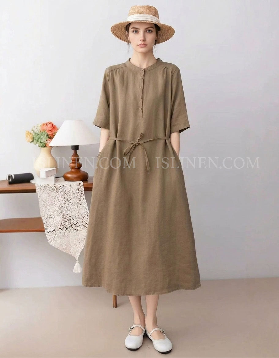 Casual Loose Tie Waist Button Front Linen Midi Dress Khaki / L