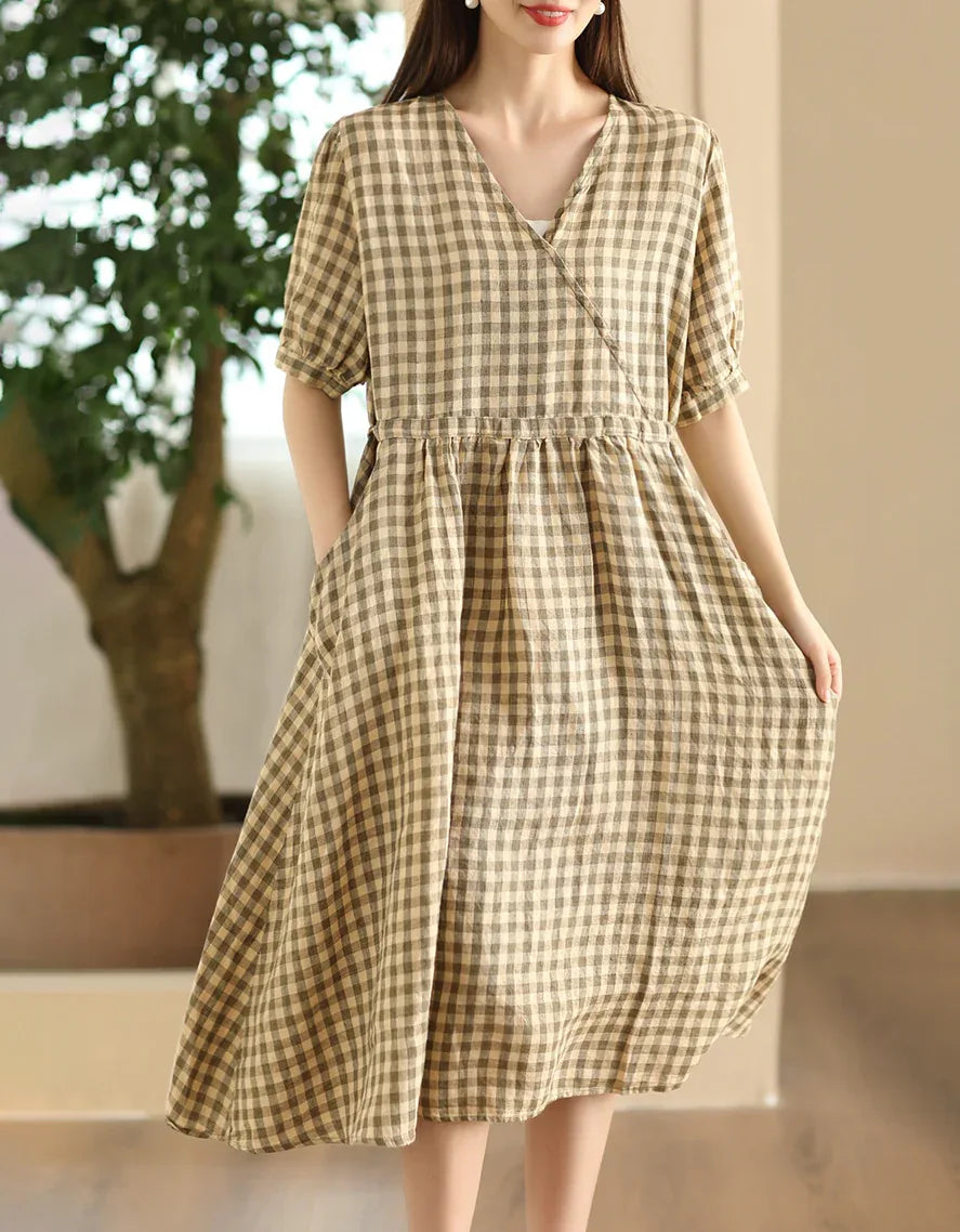 Casual Plaid V-Neck Short Sleeve Linen Midi Dress Islinen Casual Plaid V-Neck Short Sleeve Linen Midi Dress Islinen