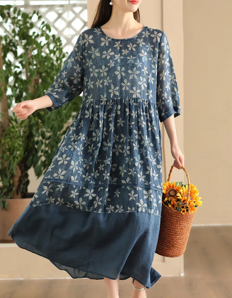 Classic Elegant Floral Boho Chic Linen Maxi Dress Blue / One size