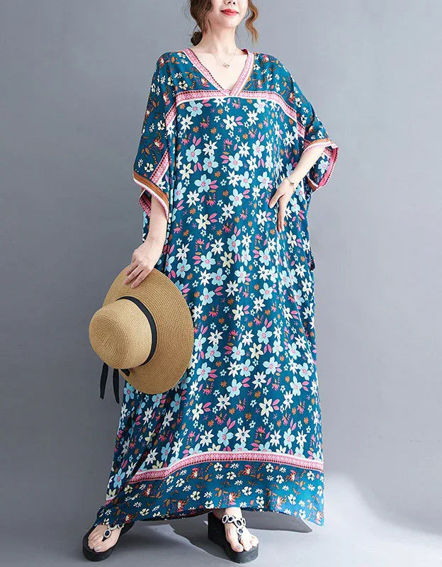 chinese dress ladies V-Neck Floral Loose Maxi Dress – Islinen