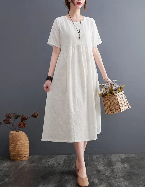 Loose Fit Minimalist Style Cotton Linen Midi Summer Dress – Islinen