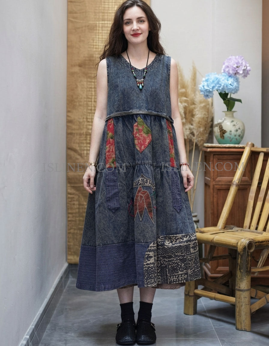 Loose Bohemian Patchwork Sleeveless Denim Maxi Dress