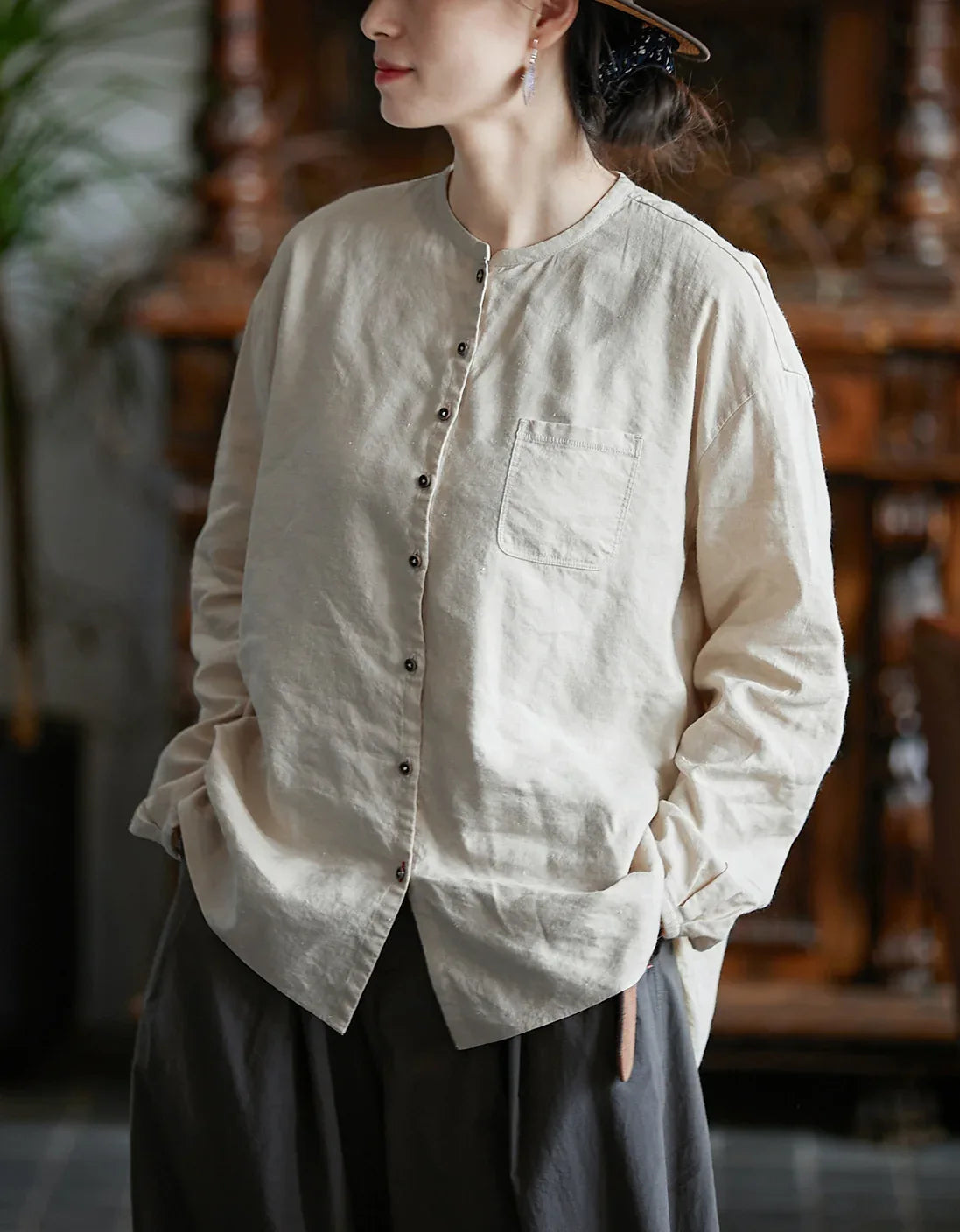 neutral color dress shirts Vintage Casual Neutral Color Long Shirt Linen / L