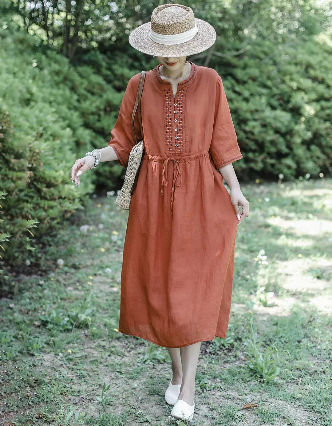 white christmas dresses Vintage Half Sleeve Buttoned Cotton Linen Midi Dress – Islinen