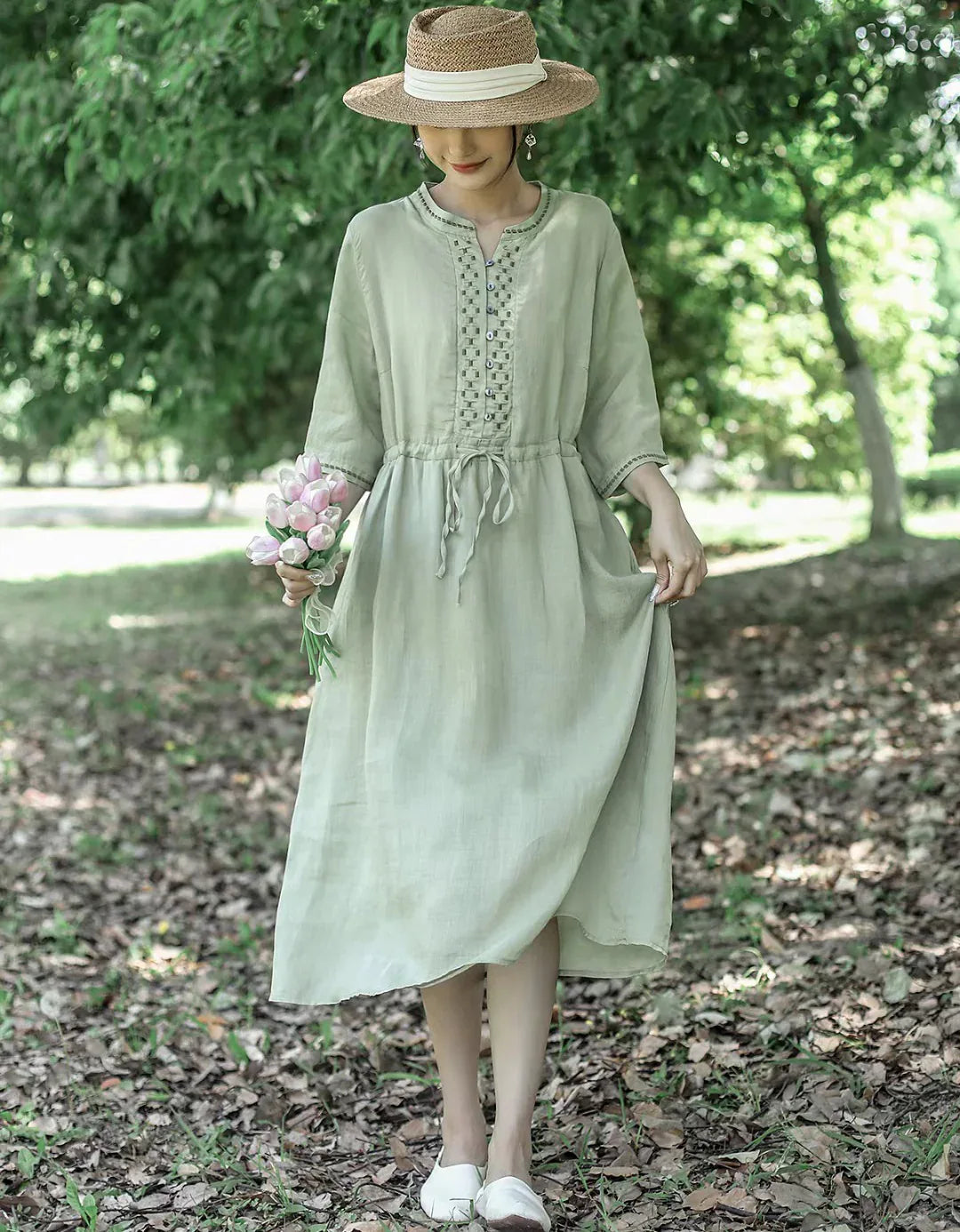 Vintage Half Sleeve Buttoned Cotton Linen Midi Dress – Islinen Vintage Half Sleeve Buttoned Cotton Linen Midi Dress – Islinen
