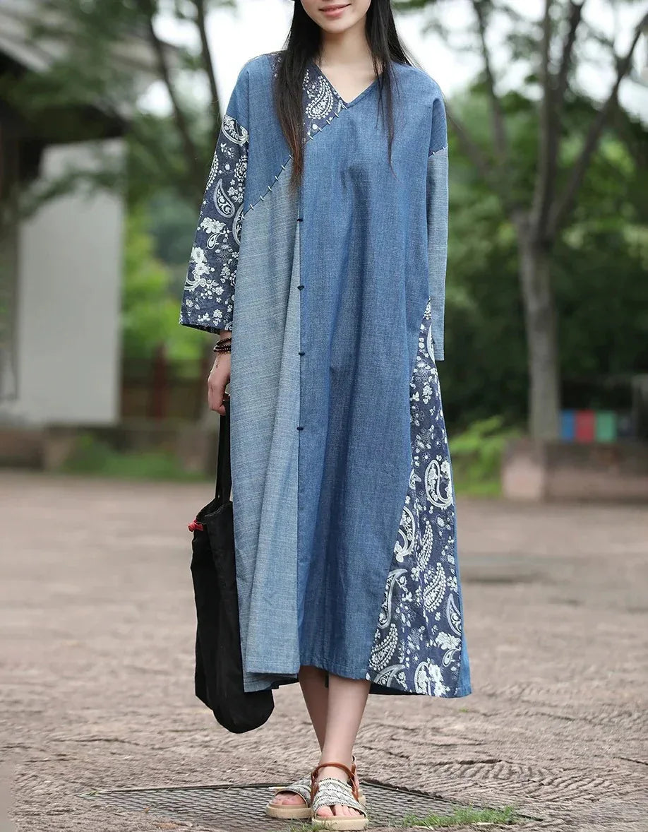 Women Autumn Retro Floral Patchwork V-Neck Cotton Dress  Islinen