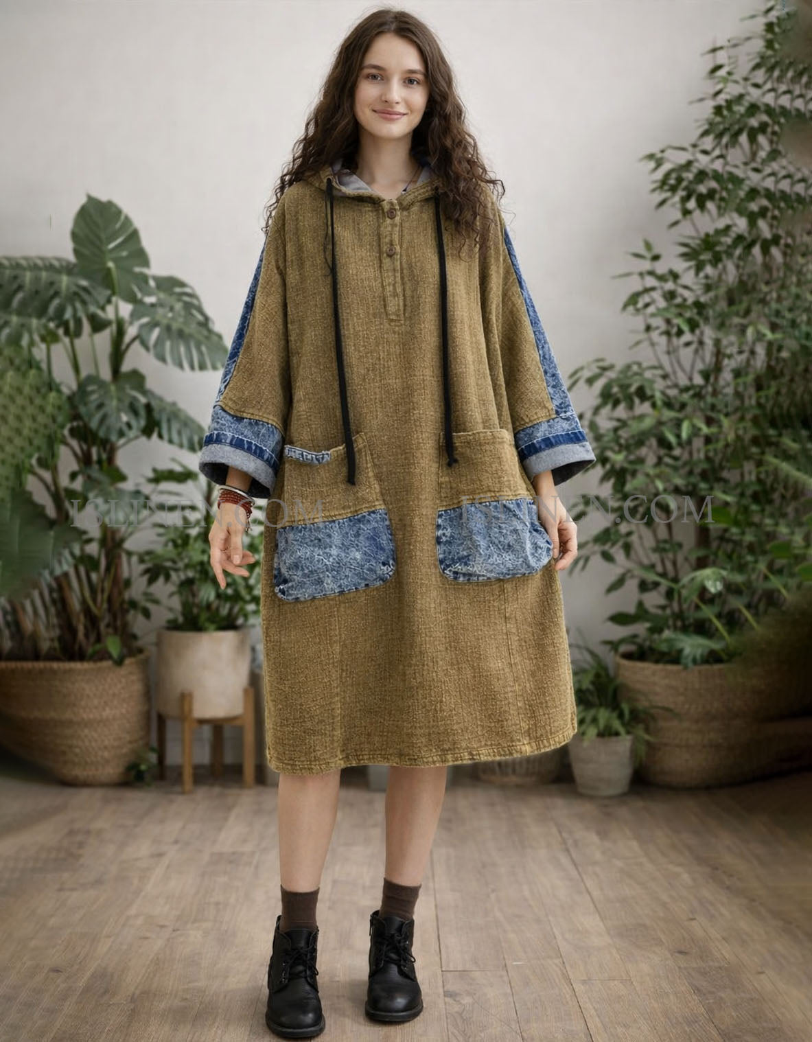 Women Spring Vintage Loose Patchwork Denim Hoodie Dress