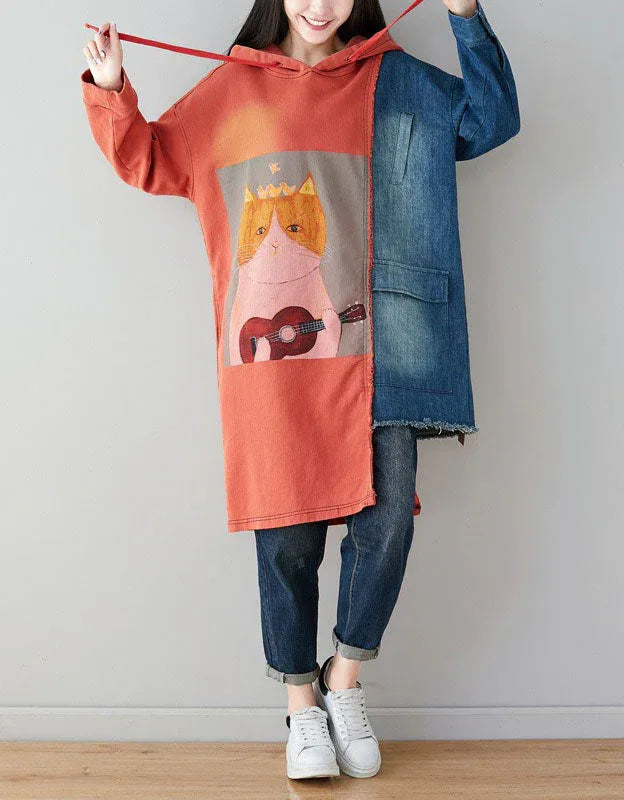 Women’s Oversized Cute Cat Patchwork Hoodie Dress Orange / One size