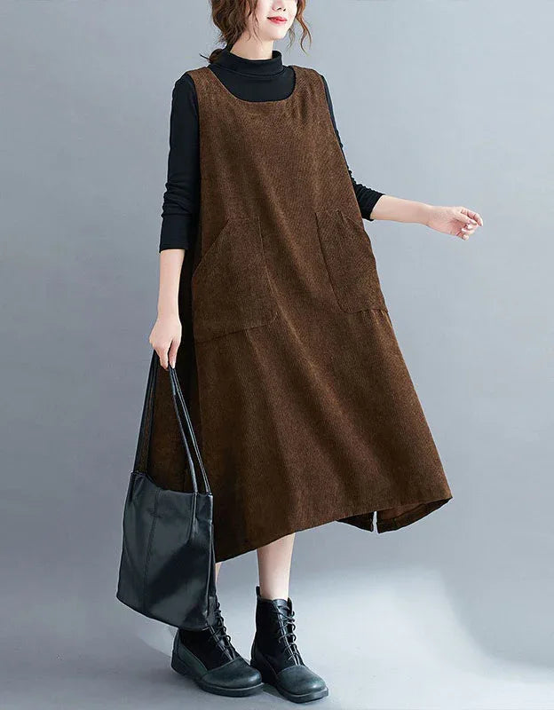 corduroy midi dress women Women's Vintage Oversized Sleeveless Corduroy Midi Dress – Islinen