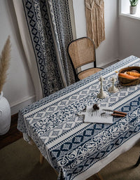 Printed Blue And White Porcelain Vintage Tablecloth