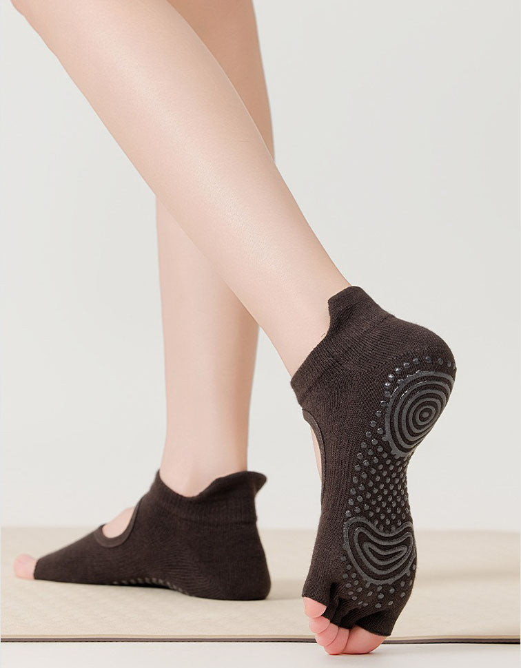 Women wearing open toe yoga socks non slip grip