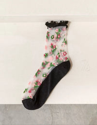 3 Pairs Vintage Flower Embroidery Transparent Socks - Islinen