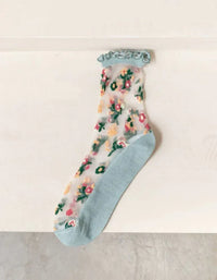 3 Pairs Vintage Flower Embroidery Transparent Socks - Islinen