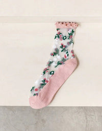 3 Pairs Vintage Flower Embroidery Transparent Socks - Islinen