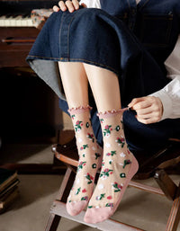 3 Pairs Vintage Flower Embroidery Transparent Socks - Islinen