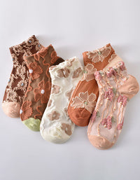 Set of women floral sheer ankle socks with lace mesh patterns