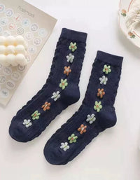 Navy Cozy vintage flower socks for casual daily outfits