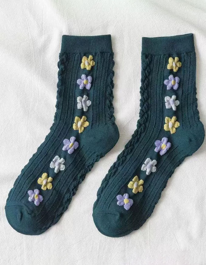 Green Vintage Floral Embroidered Cotton Socks Set Women