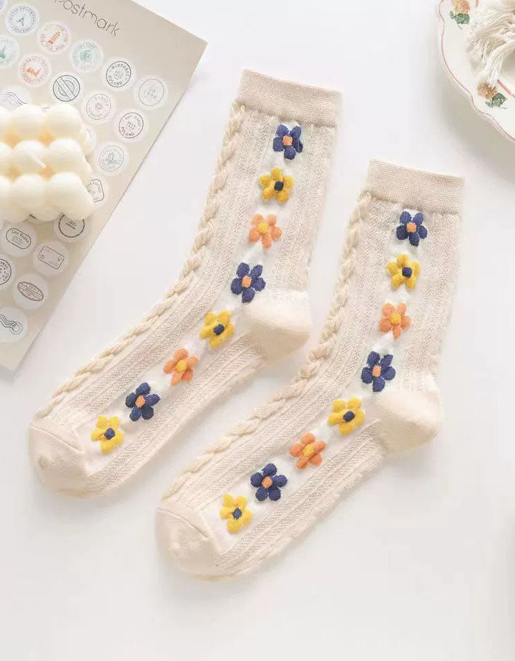Vintage Floral Embroidered Cotton Socks Set Women