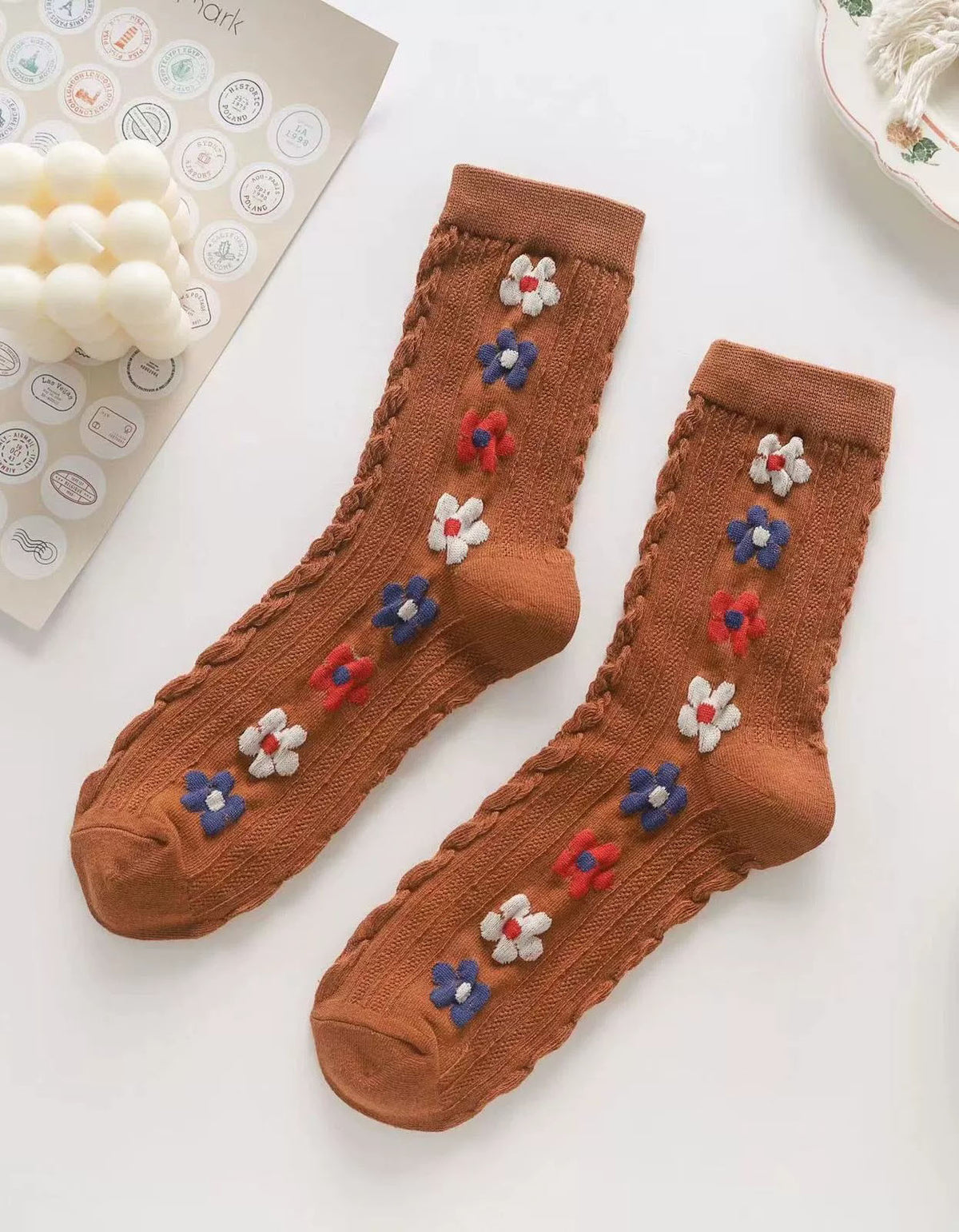 Orange Vintage Floral Embroidered Cotton Socks Set Women