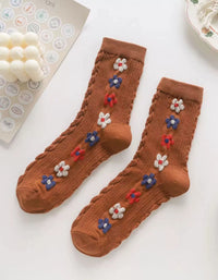 Orange Vintage Floral Embroidered Cotton Socks Set Women