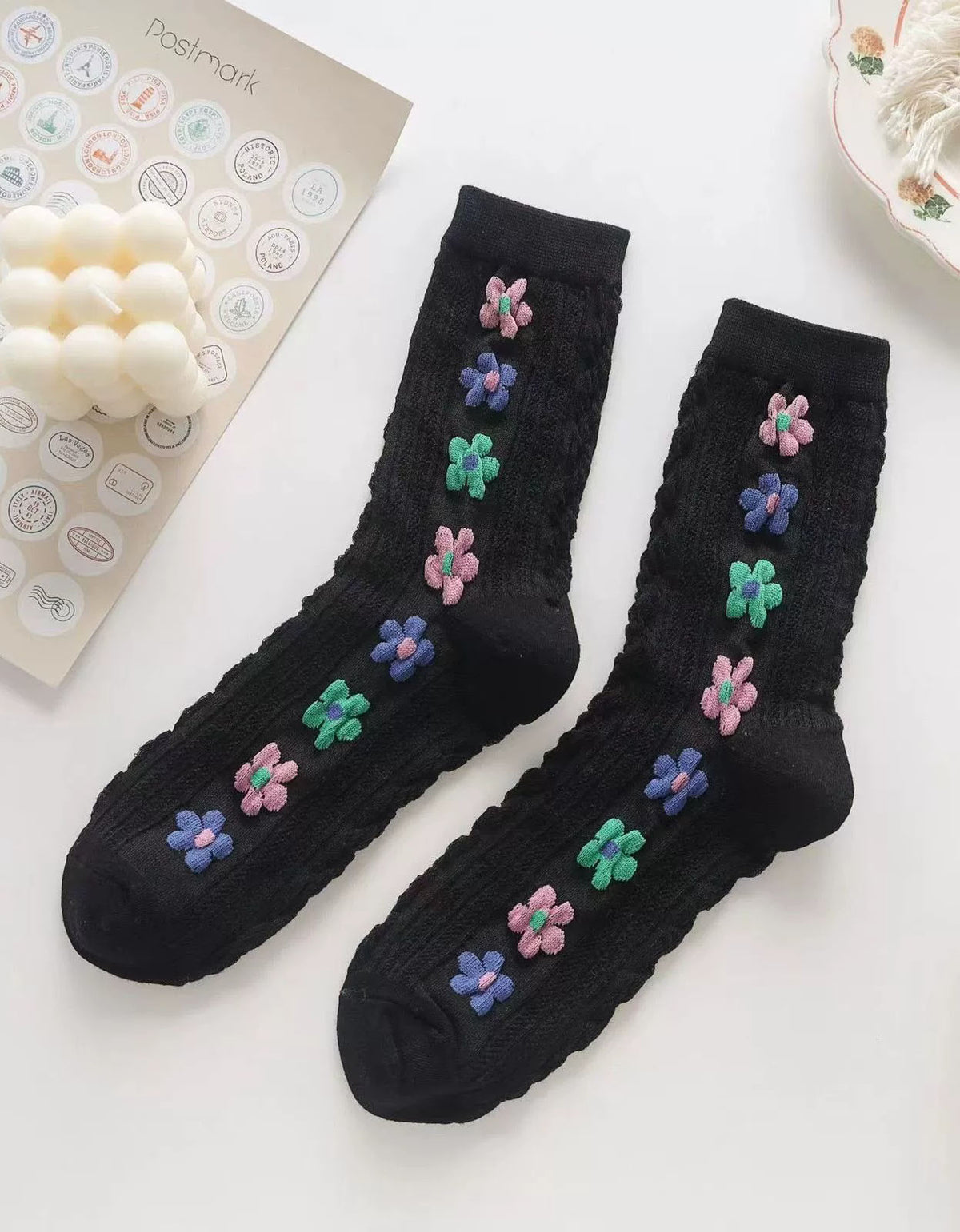 Black Cozy vintage flower socks for casual daily outfits