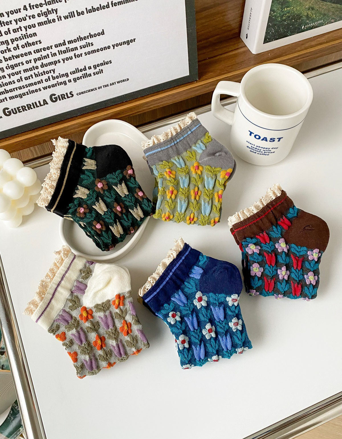 5 Pairs Vintage Floral Lace Trim Cotton Socks
