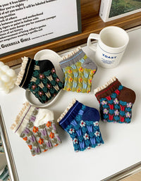 5 Pairs Vintage Floral Lace Trim Cotton Socks