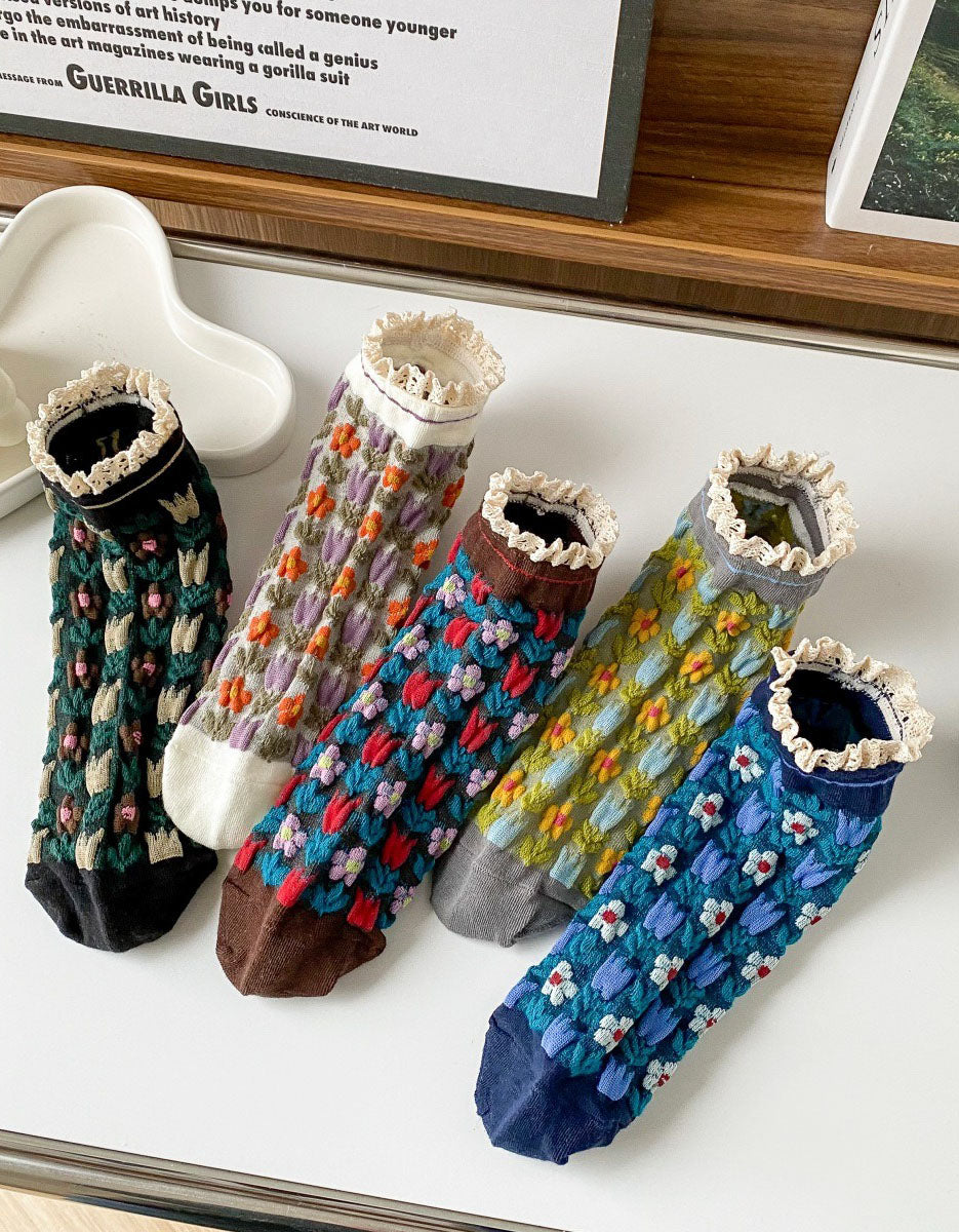 cute women’s flower pattern socks in multiple colors