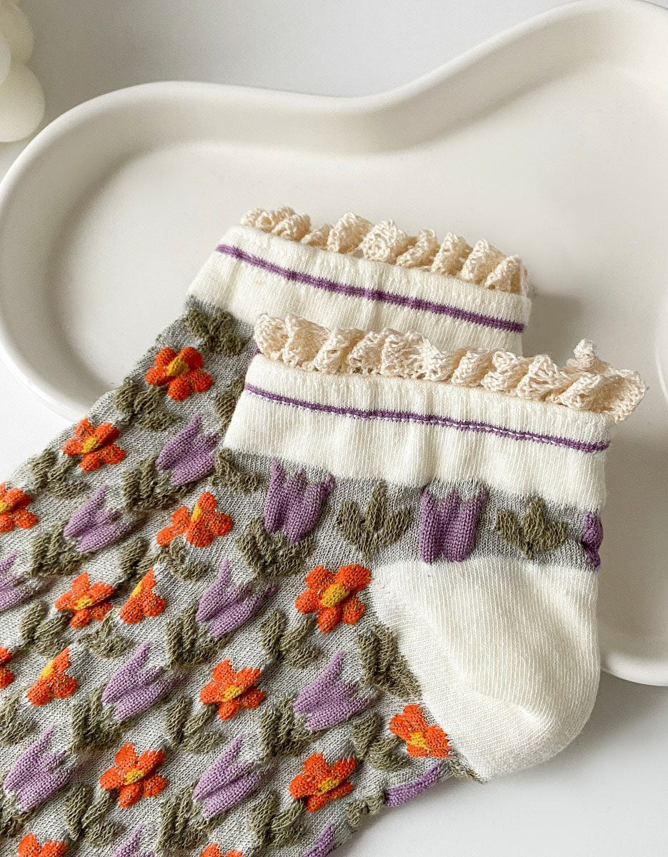 Close-up of retro style lace top floral socks product image
