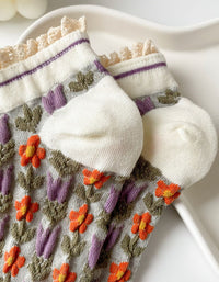 close up of lace edge floral crew socks texture