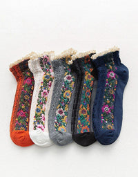 5 Pairs Women's Vintage Floral Cotton Socks - Islinen