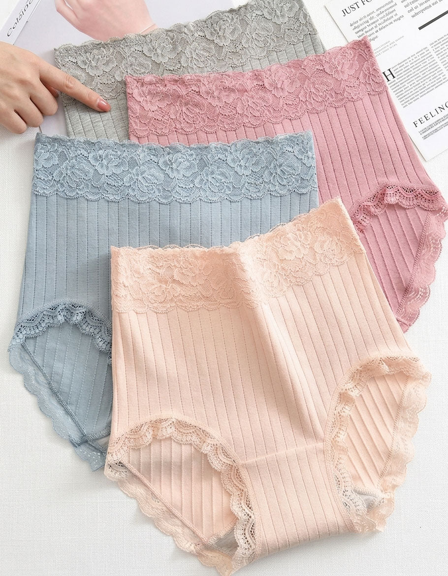 Women Ribbed Lace High Waist Cotton Brief Panties