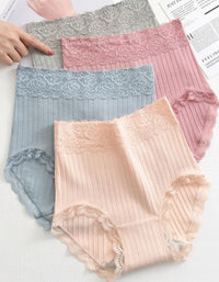 Women Ribbed Lace High Waist Cotton Brief Panties