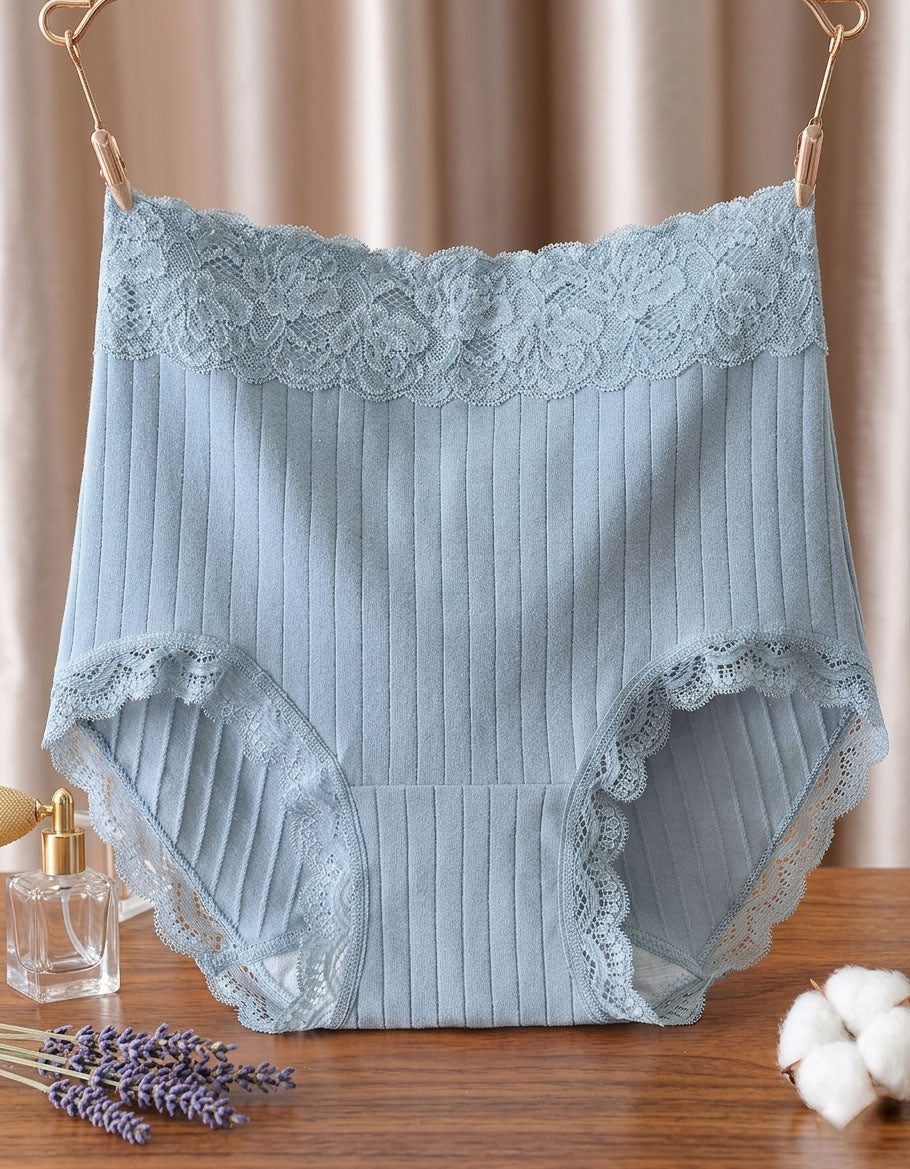 High Waist Lace Trim Ribbed Cotton Panties Women