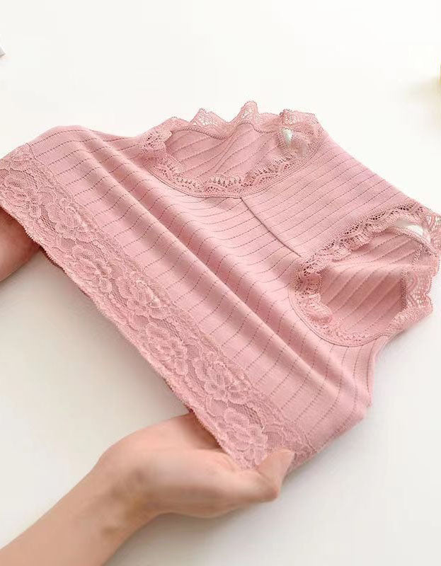 Women ribbed lace high waist cotton panties set