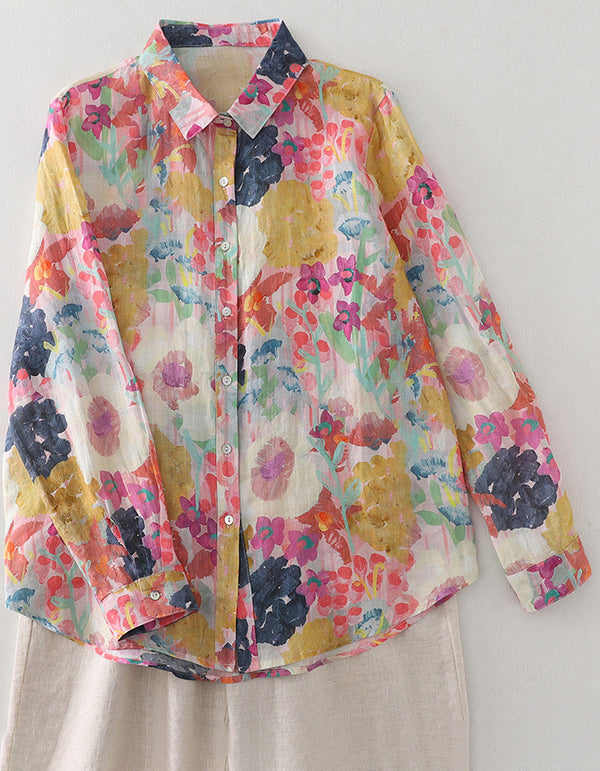 Artistic Watercolor Floral  Cotton Linen Summer Shirt
