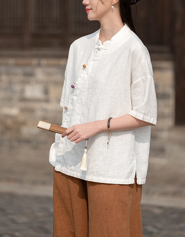 Asymmetrical Chinese Style Ramie Linen Hanfu Shirt
