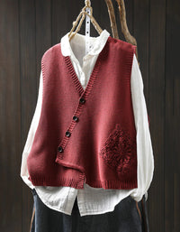 Autumn Casual Embroidery Button Up Knit Vest
