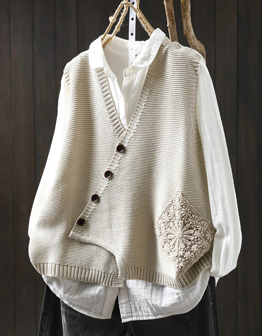 Autumn Casual Embroidery Button Up Knit Vest