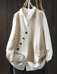 Autumn Casual Embroidery Button Up Knit Vest