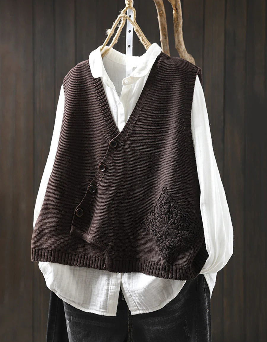 Autumn Casual Embroidery Button Up Knit Vest