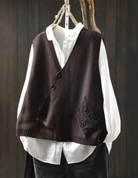 Autumn Casual Embroidery Button Up Knit Vest