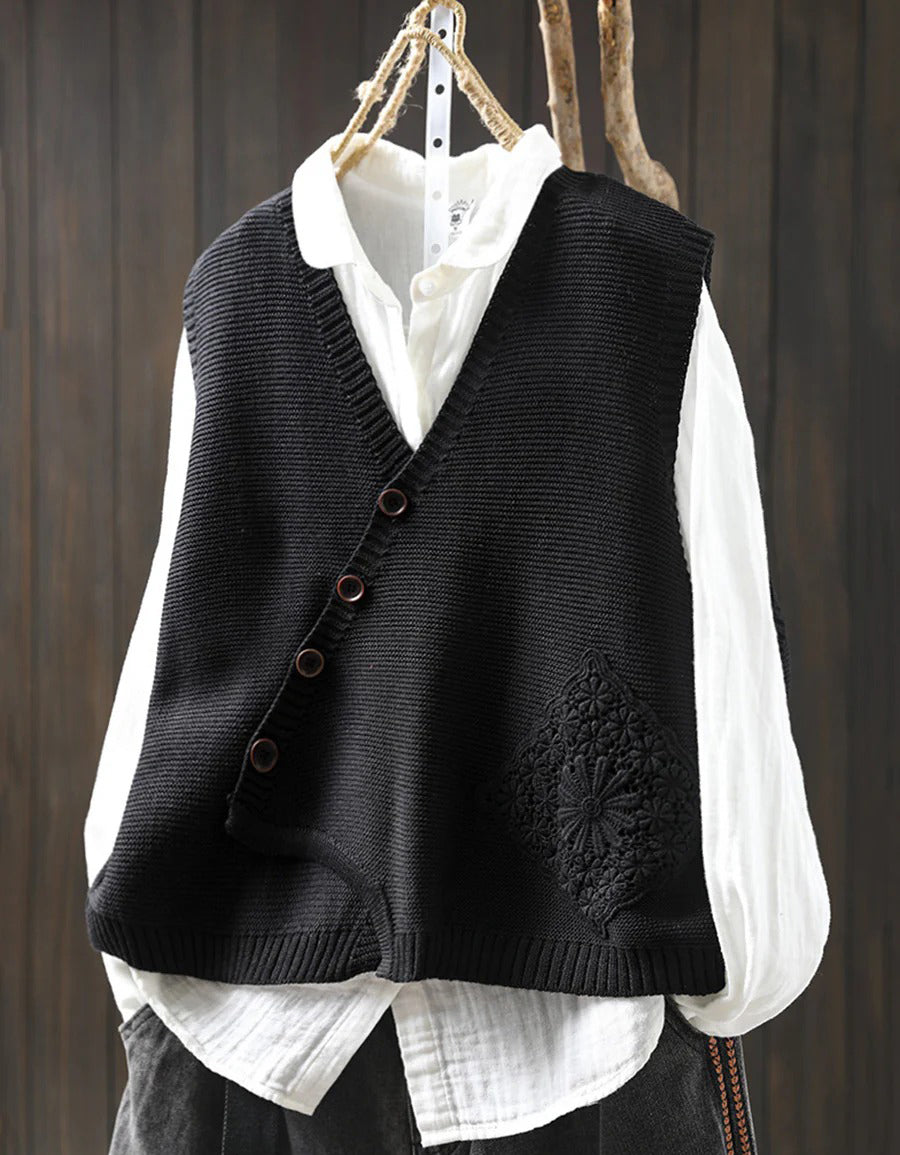 Autumn Casual Embroidery Button Up Knit Vest
