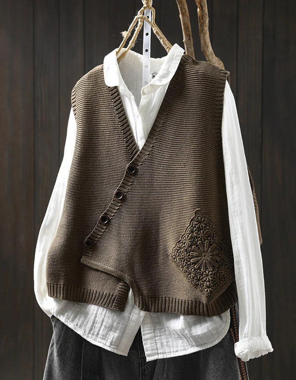 Autumn Casual Embroidery Button Up Knit Vest