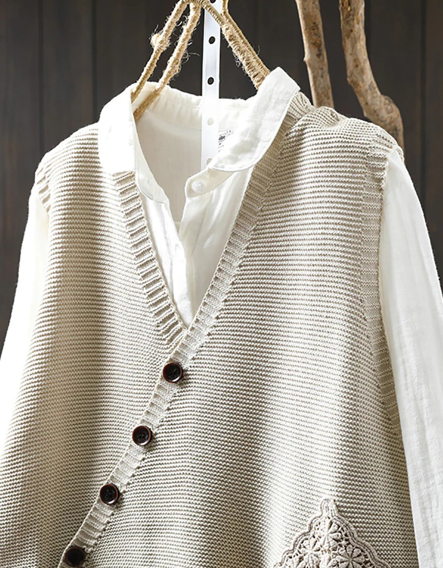 Autumn Casual Embroidery Button Up Knit Vest