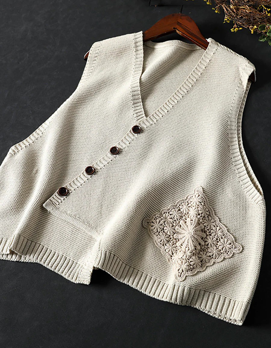 Autumn Casual Embroidery Button Up Knit Vest