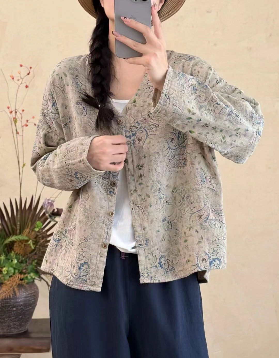 Autumn Cotton Linen Vintage Printed Cardigan