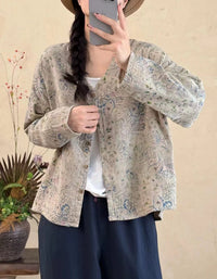 Autumn Cotton Linen Vintage Printed Cardigan