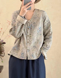 Autumn Cotton Linen Vintage Printed Cardigan